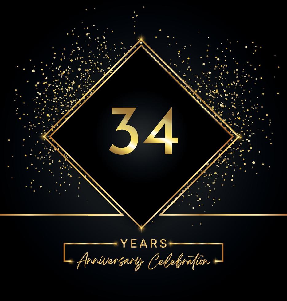 34 years anniversary celebration with golden frame and gold glitter on black background. Vector design for greeting card, birthday party, wedding, event party, invitation. 34 years Anniversary logo.