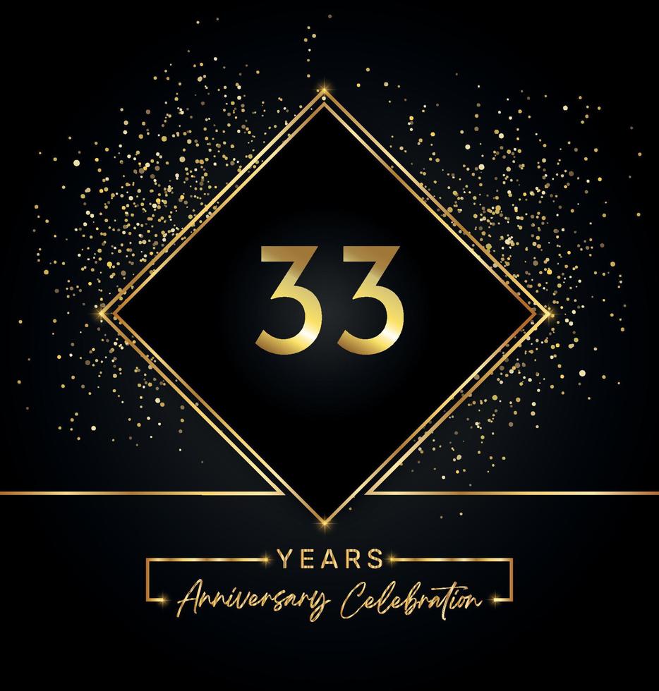 Celebración del aniversario de 33 años con marco dorado y brillo dorado sobre fondo negro. diseño vectorial para tarjetas de felicitación, fiesta de cumpleaños, boda, fiesta de eventos, invitación. Logotipo de aniversario de 33 años. vector