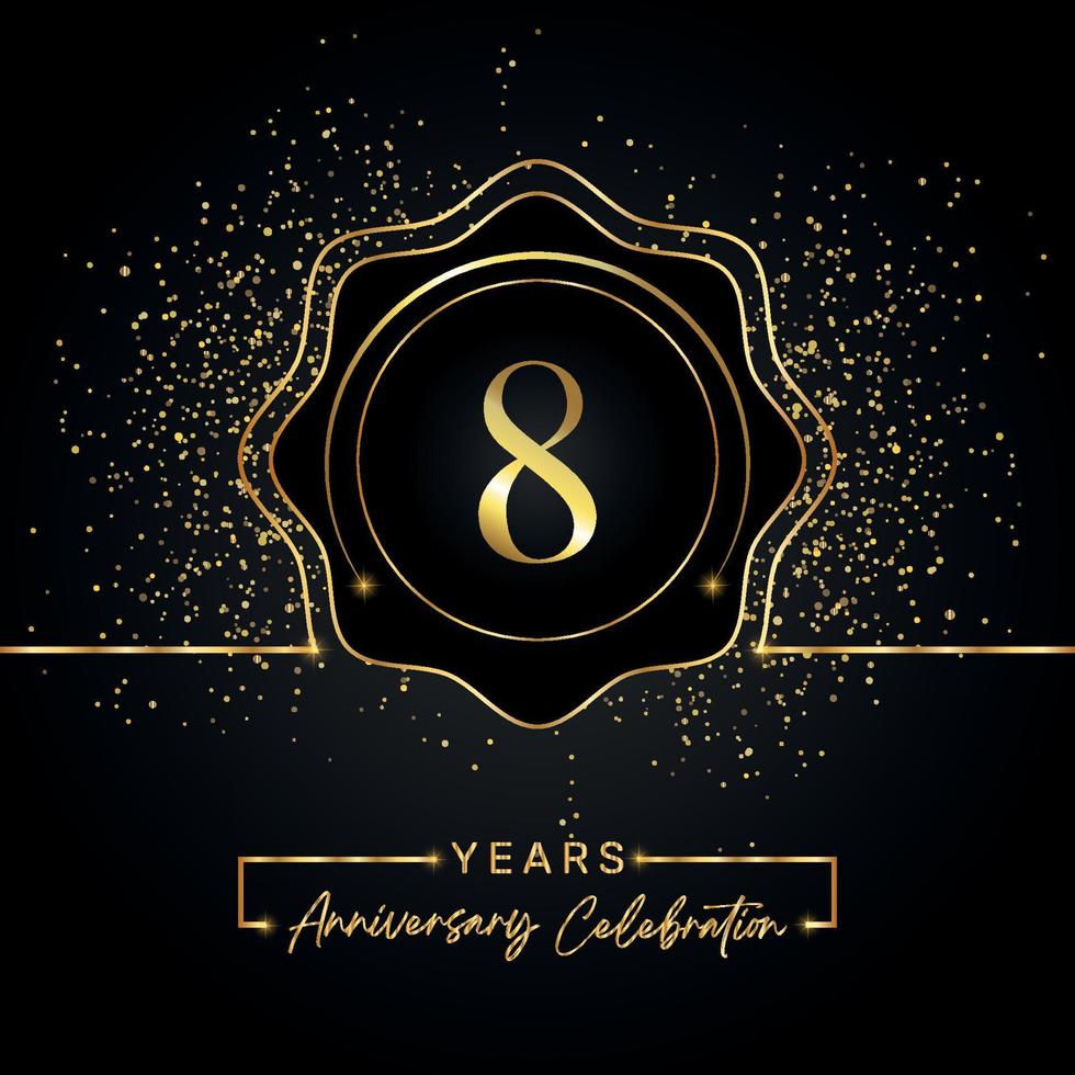 Celebración del aniversario de 8 años con marco de estrella dorada aislado en fondo negro. diseño vectorial para tarjeta de felicitación, fiesta de cumpleaños, boda, fiesta de evento, tarjeta de invitación. Logotipo de aniversario de 8 años. vector