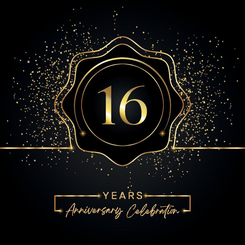 16 years anniversary celebration with golden star frame isolated on black background. Vector design for greeting card, birthday party, wedding, event party, invitation card. 16 years Anniversary logo.