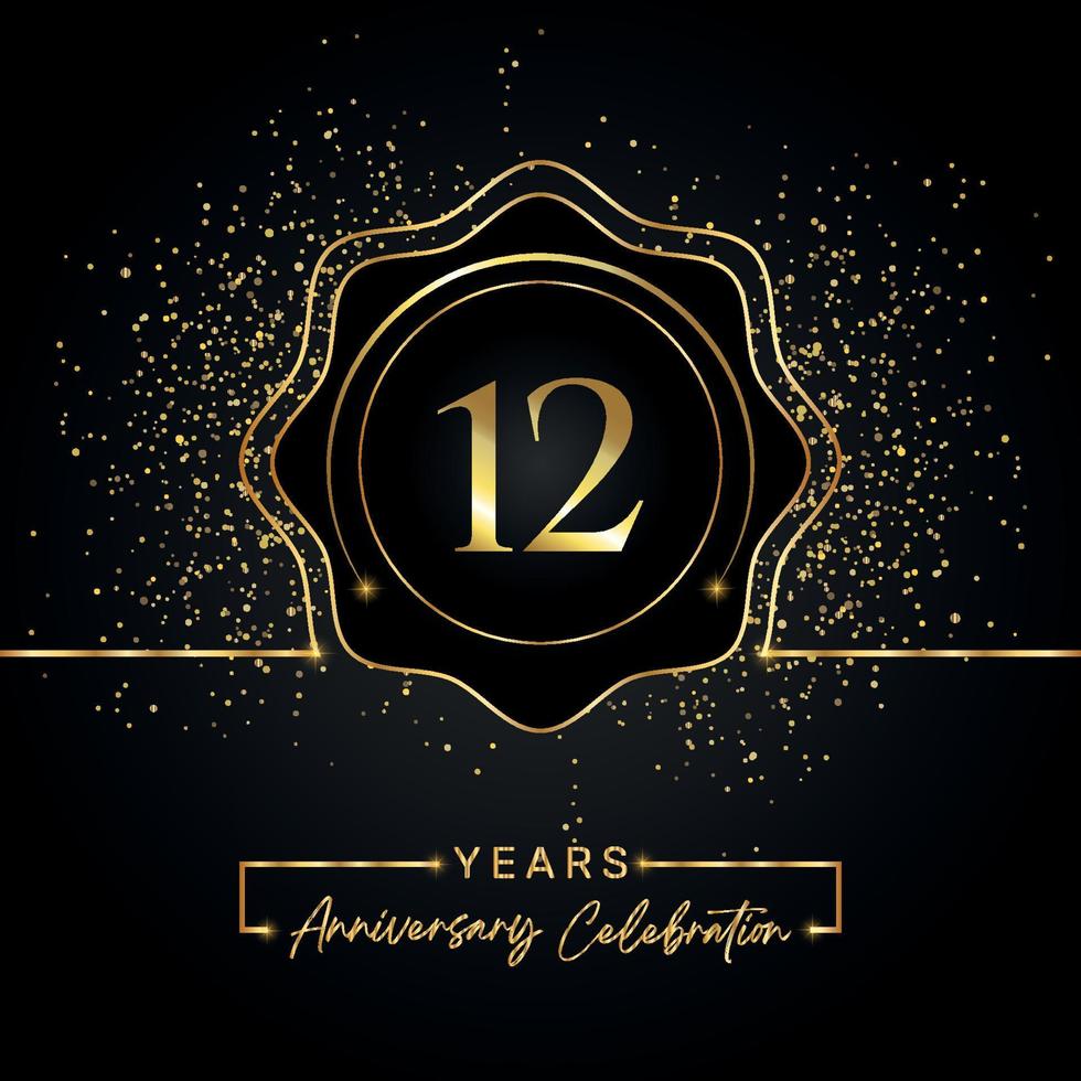 12 years anniversary celebration with golden star frame isolated on black background. Vector design for greeting card, birthday party, wedding, event party, invitation card. 12 years Anniversary logo.