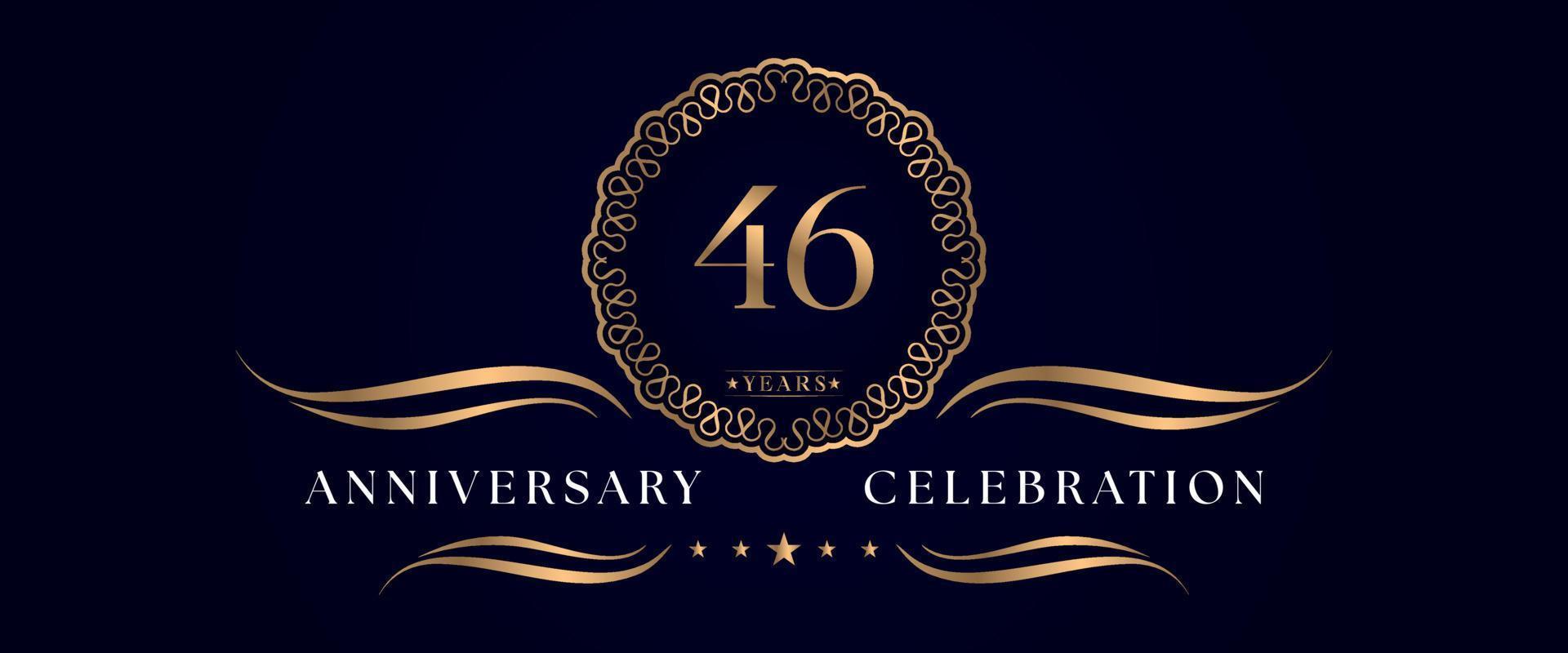 46 years anniversary celebration with elegant circle frame isolated on dark blue background. Vector design for greeting card, birthday party, wedding, event party, ceremony. 46 years Anniversary logo.