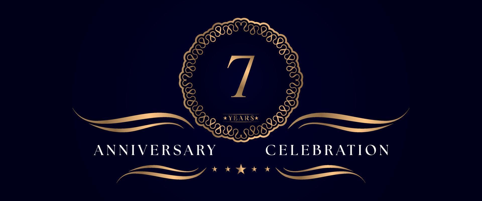 7 years anniversary celebration with elegant circle frame isolated on dark blue background. Vector design for greeting card, birthday party, wedding, event party, ceremony. 7 years Anniversary logo.