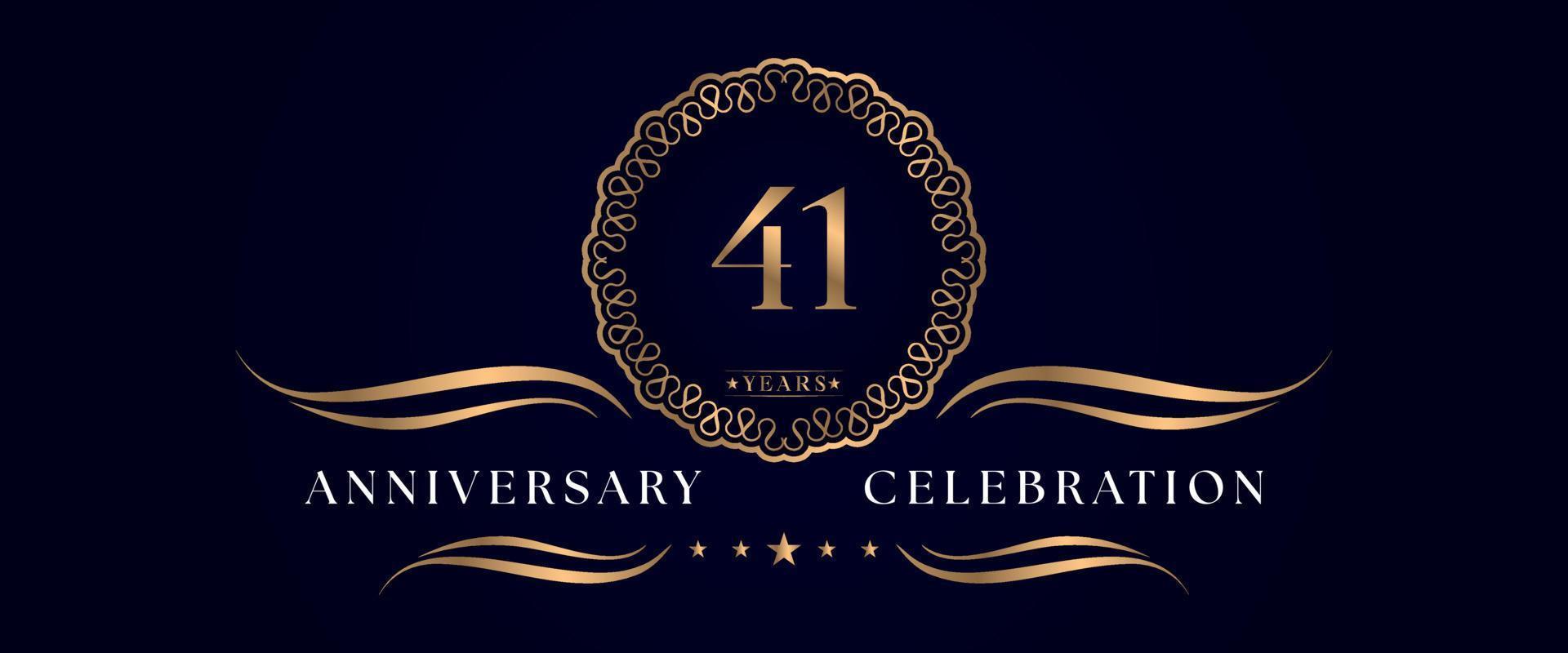 41 years anniversary celebration with elegant circle frame isolated on dark blue background. Vector design for greeting card, birthday party, wedding, event party, ceremony. 41 years Anniversary logo.