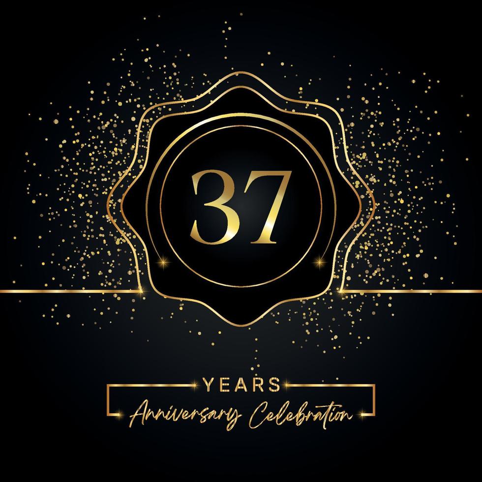 Celebración del aniversario de 37 años con marco de estrella dorada aislado en fondo negro. diseño vectorial para tarjeta de felicitación, fiesta de cumpleaños, boda, fiesta de evento, tarjeta de invitación. Logotipo de aniversario de 37 años. vector