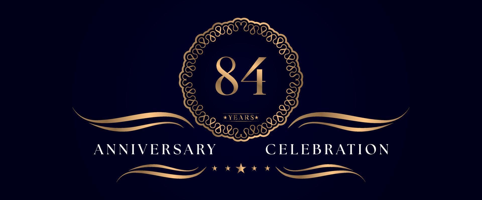 84 years anniversary celebration with elegant circle frame isolated on dark blue background. Vector design for greeting card, birthday party, wedding, event party, ceremony. 84 years Anniversary logo.