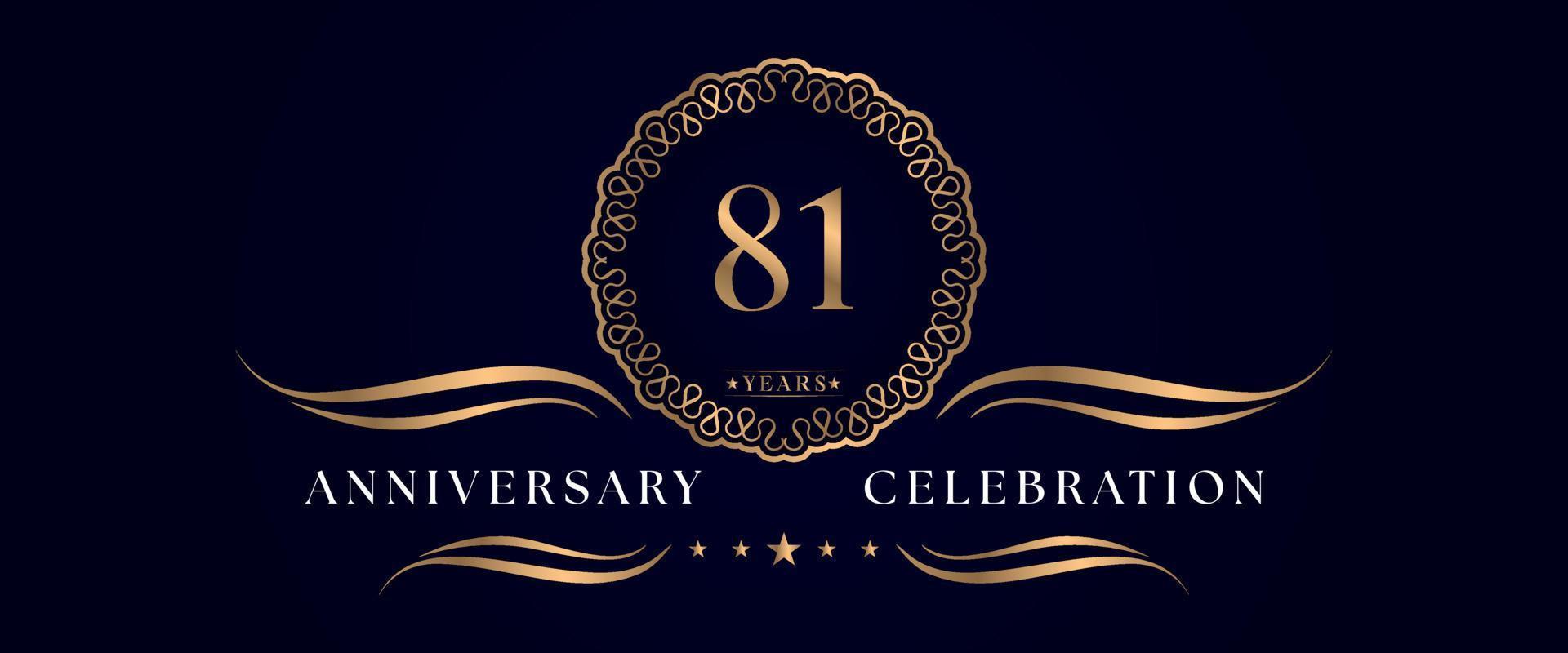 81 years anniversary celebration with elegant circle frame isolated on dark blue background. Vector design for greeting card, birthday party, wedding, event party, ceremony. 81 years Anniversary logo.