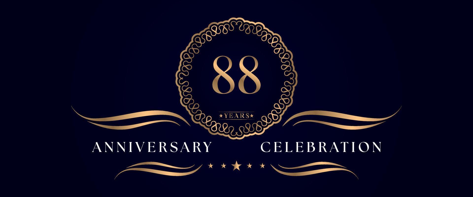 88 years anniversary celebration with elegant circle frame isolated on dark blue background. Vector design for greeting card, birthday party, wedding, event party, ceremony. 88 years Anniversary logo.