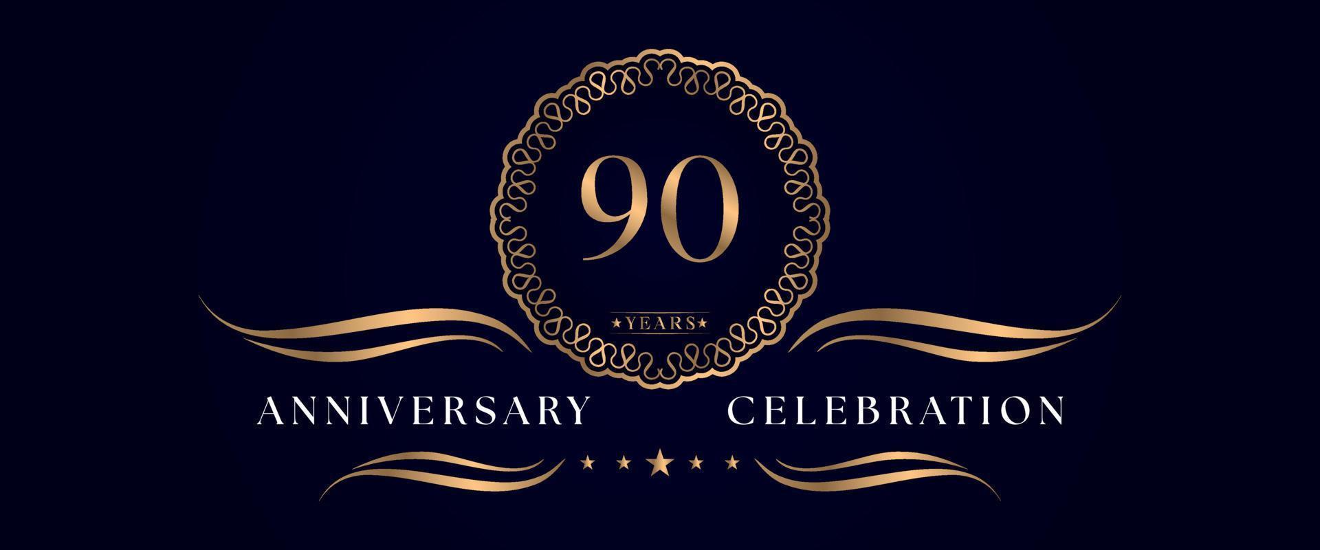 Celebración del aniversario de 90 años con un elegante marco circular aislado en un fondo azul oscuro. diseño vectorial para tarjetas de felicitación, fiesta de cumpleaños, boda, fiesta de eventos, ceremonia. Logotipo de aniversario de 90 años. vector