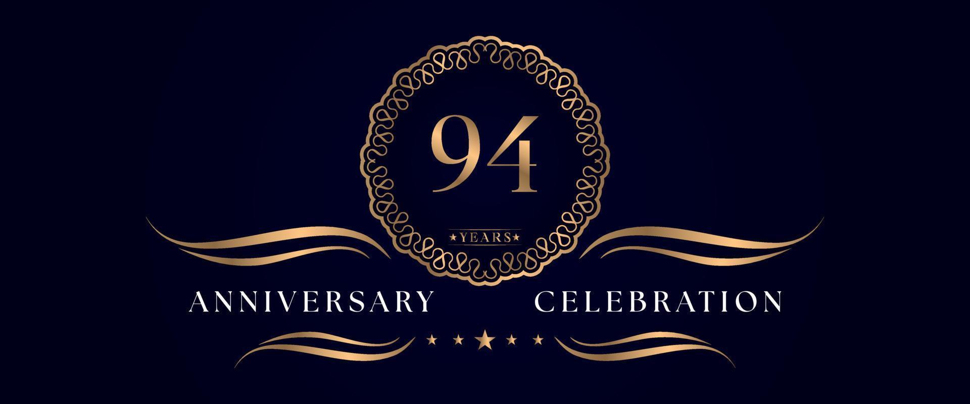 94 years anniversary celebration with elegant circle frame isolated on dark blue background. Vector design for greeting card, birthday party, wedding, event party, ceremony. 94 years Anniversary logo.