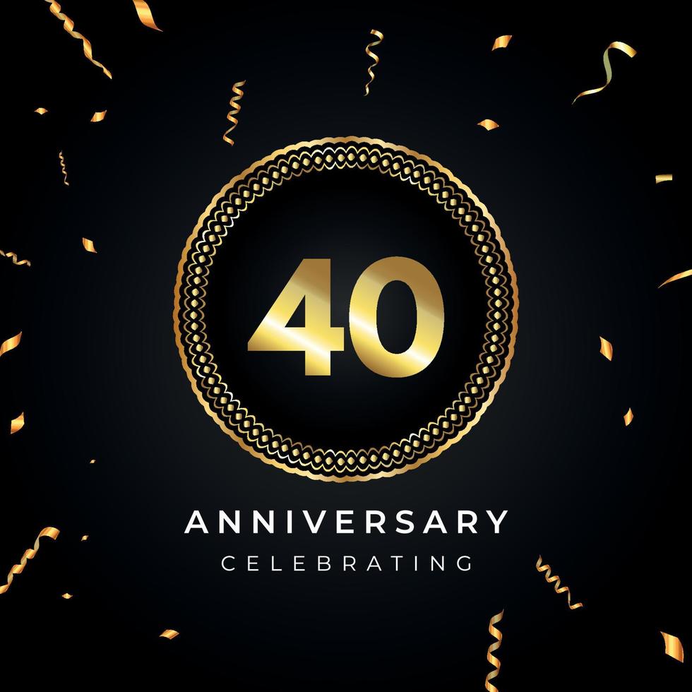 Celebración del aniversario de 40 años con marco circular y confeti dorado aislado en fondo negro. diseño vectorial para tarjetas de felicitación, fiesta de cumpleaños, boda, fiesta de eventos. Logotipo de aniversario de 40 años. vector