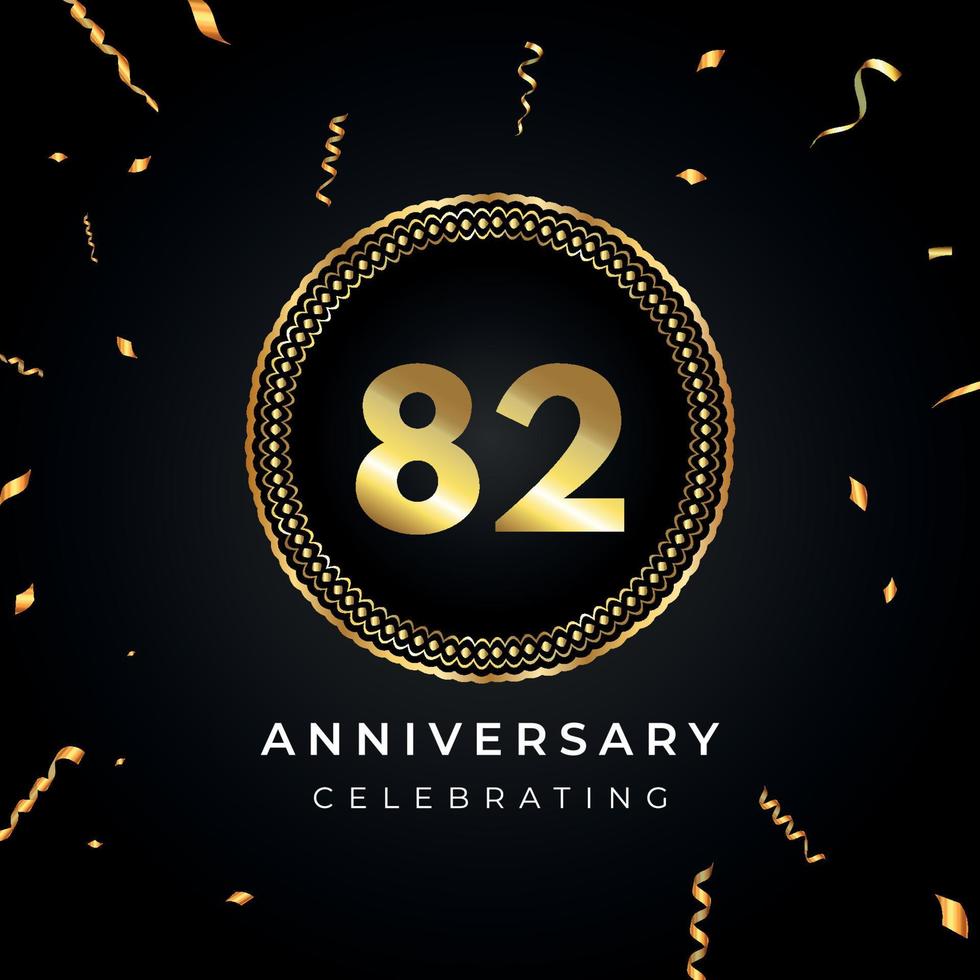 82 years anniversary celebration with circle frame and gold confetti isolated on black background. Vector design for greeting card, birthday party, wedding, event party. 82 years Anniversary logo.