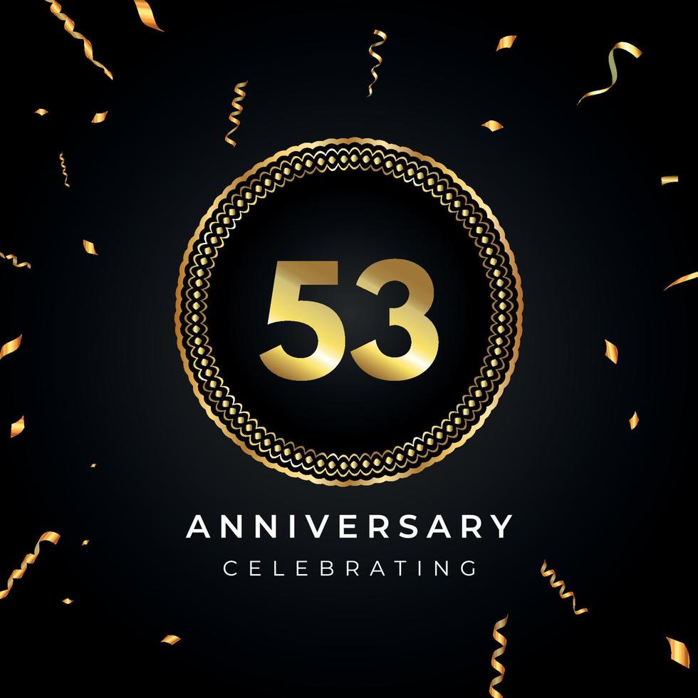 Celebración del aniversario de 53 años con marco circular y confeti dorado aislado en fondo negro. diseño vectorial para tarjetas de felicitación, fiesta de cumpleaños, boda, fiesta de eventos. Logotipo de aniversario de 53 años. vector