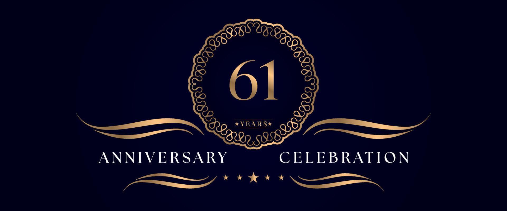 61 years anniversary celebration with elegant circle frame isolated on dark blue background. Vector design for greeting card, birthday party, wedding, event party, ceremony. 61 years Anniversary logo.