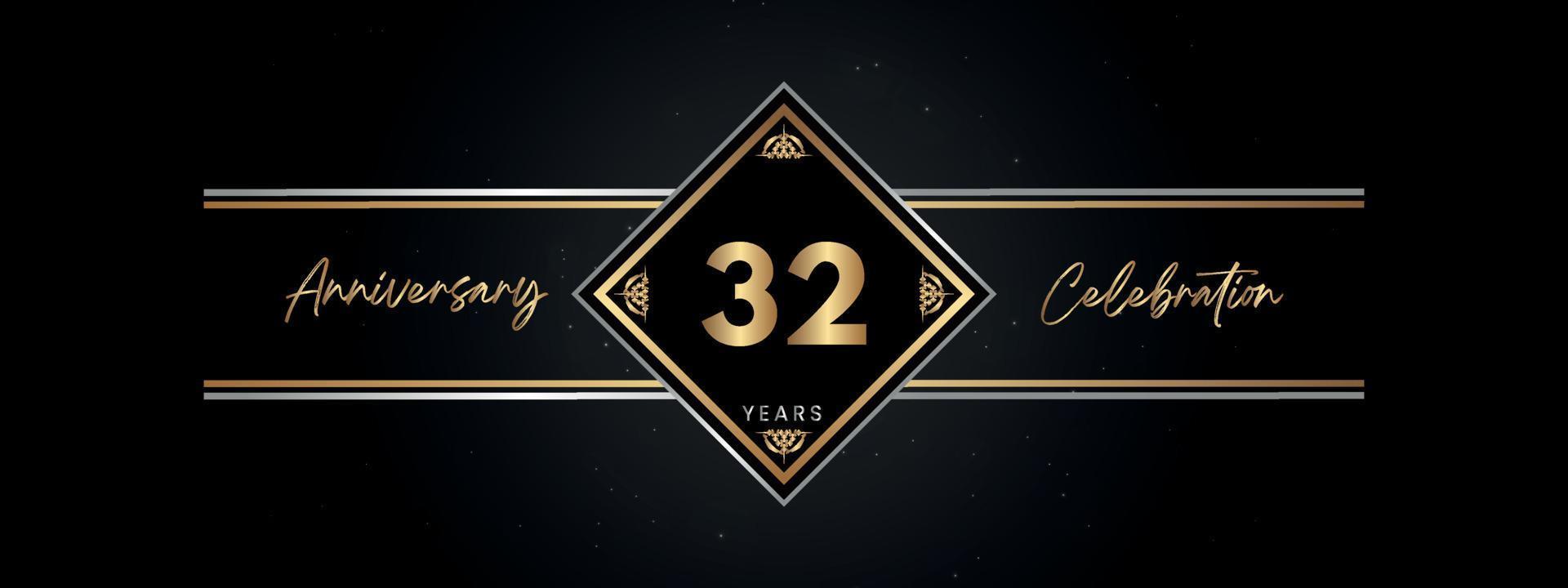 Color dorado de aniversario de 32 años con marco decorativo aislado en fondo negro para evento de celebración de aniversario, fiesta de cumpleaños, folleto, tarjeta de felicitación. diseño de plantilla de aniversario de 32 años vector