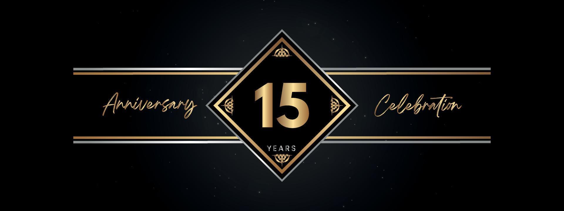 Color dorado de 15 años con marco decorativo aislado en fondo negro para el evento de celebración de aniversario, fiesta de cumpleaños, folleto, tarjeta de felicitación. diseño de plantilla de aniversario de 15 años vector