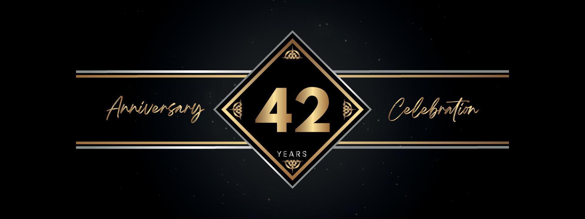 42 años de color dorado de aniversario con marco decorativo aislado en fondo negro para el evento de celebración de aniversario, fiesta de cumpleaños, folleto, tarjeta de felicitación. diseño de plantilla de aniversario de 42 años vector