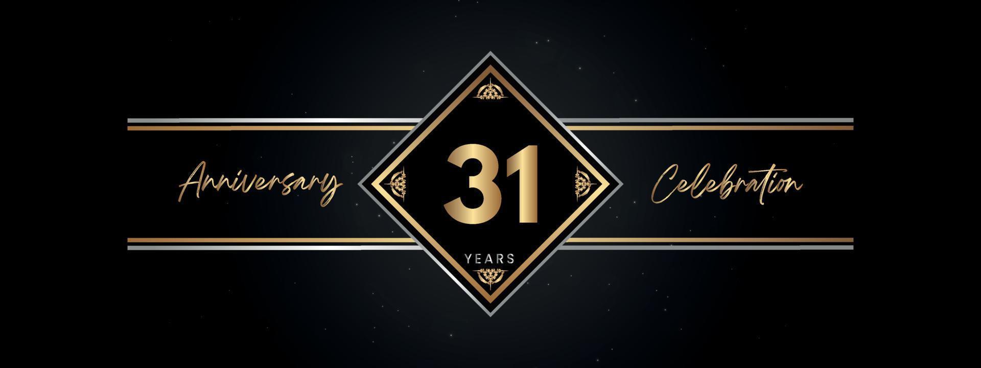 Color dorado de aniversario de 31 años con marco decorativo aislado en fondo negro para evento de celebración de aniversario, fiesta de cumpleaños, folleto, tarjeta de felicitación. diseño de plantilla de aniversario de 31 años vector