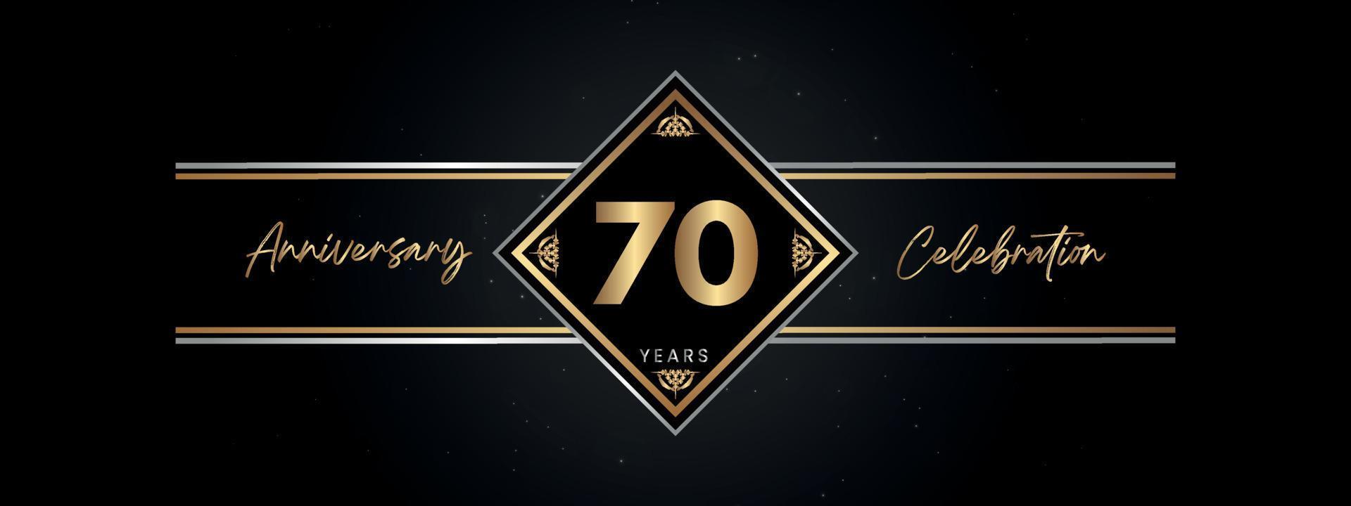 70 años de color dorado de aniversario con marco decorativo aislado en fondo negro para el evento de celebración de aniversario, fiesta de cumpleaños, folleto, tarjeta de felicitación. diseño de plantilla de aniversario de 70 años vector