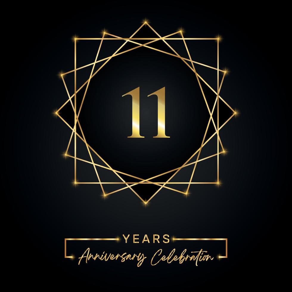 11 years Anniversary Celebration Design. 11 anniversary logo with golden frame isolated on black background. Vector design for anniversary celebration event, birthday party, greeting card.