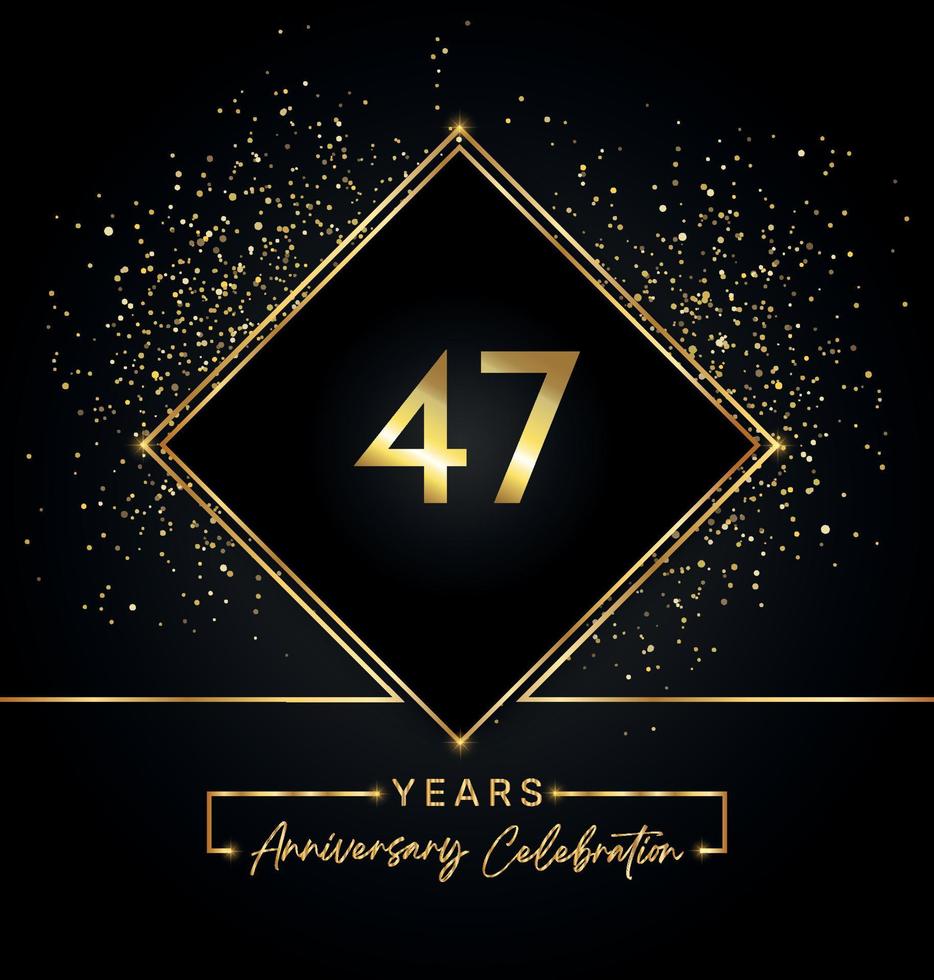 47 years anniversary celebration with golden frame and gold glitter on black background. Vector design for greeting card, birthday party, wedding, event party, invitation. 47 years Anniversary logo.