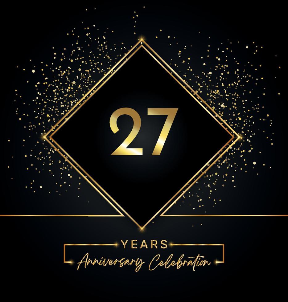 Celebración del aniversario de 27 años con marco dorado y brillo dorado sobre fondo negro. diseño vectorial para tarjetas de felicitación, fiesta de cumpleaños, boda, fiesta de eventos, invitación. Logotipo de aniversario de 27 años. vector