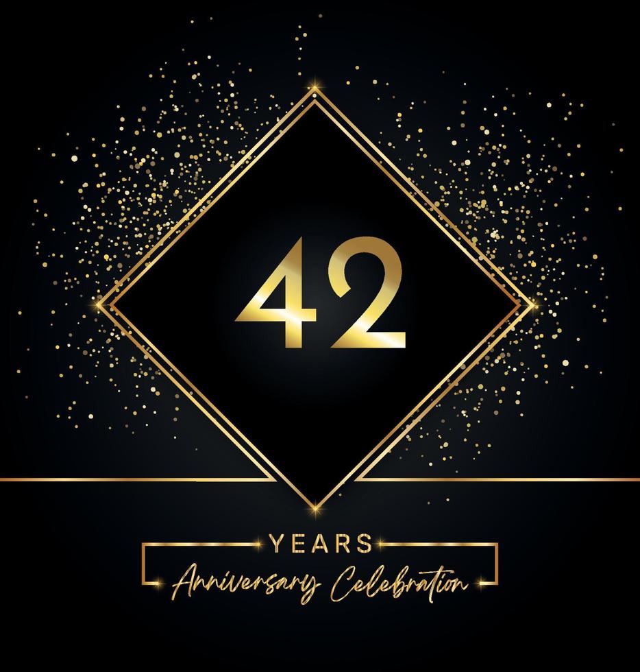 Celebración del aniversario de 42 años con marco dorado y brillo dorado sobre fondo negro. diseño vectorial para tarjetas de felicitación, fiesta de cumpleaños, boda, fiesta de eventos, invitación. Logotipo de aniversario de 42 años. vector