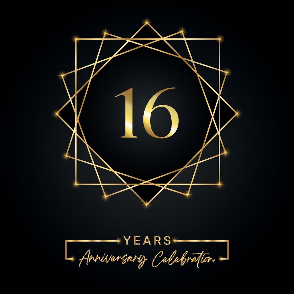 16 years Anniversary Celebration Design. 16 anniversary logo with golden frame isolated on black background. Vector design for anniversary celebration event, birthday party, greeting card.