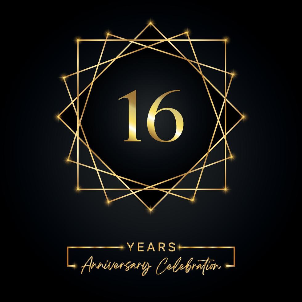 Diseño de celebración de aniversario de 16 años. Logotipo del 16 aniversario con marco dorado aislado en fondo negro. diseño vectorial para evento de celebración de aniversario, fiesta de cumpleaños, tarjeta de felicitación. vector