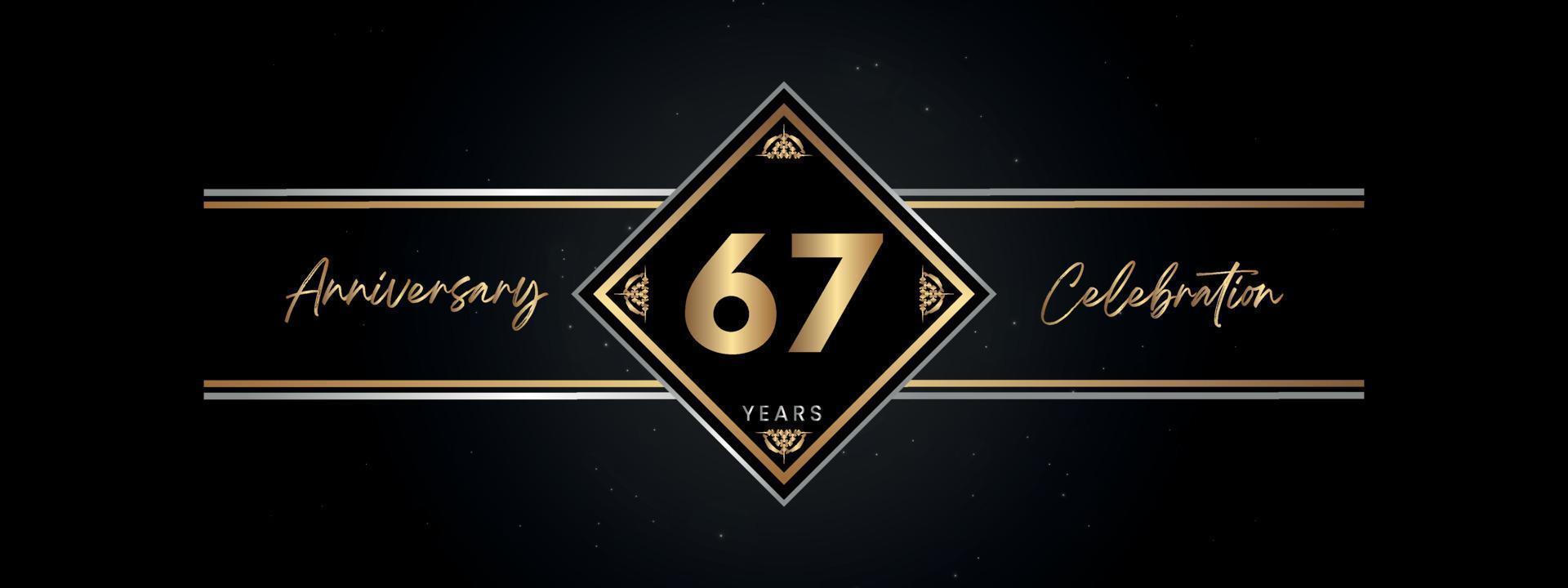 Color dorado de aniversario de 67 años con marco decorativo aislado en fondo negro para evento de celebración de aniversario, fiesta de cumpleaños, folleto, tarjeta de felicitación. diseño de plantilla de aniversario de 67 años vector