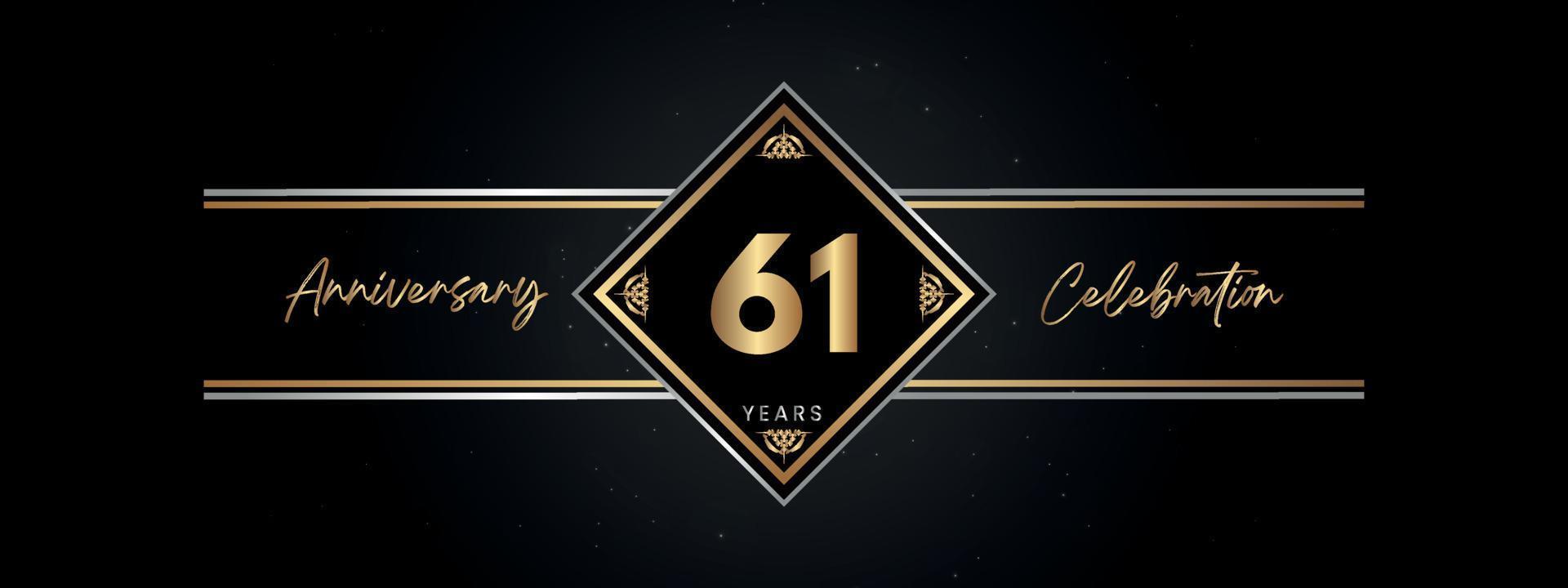 Color dorado de aniversario de 61 años con marco decorativo aislado en fondo negro para evento de celebración de aniversario, fiesta de cumpleaños, folleto, tarjeta de felicitación. diseño de plantilla de aniversario de 61 años vector