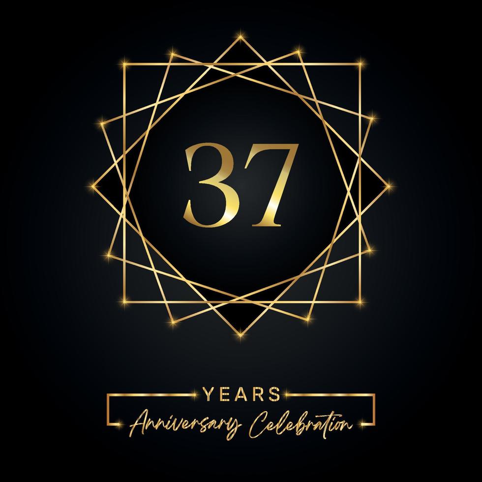 37 years Anniversary Celebration Design. 37 anniversary logo with golden frame isolated on black background. Vector design for anniversary celebration event, birthday party, greeting card.