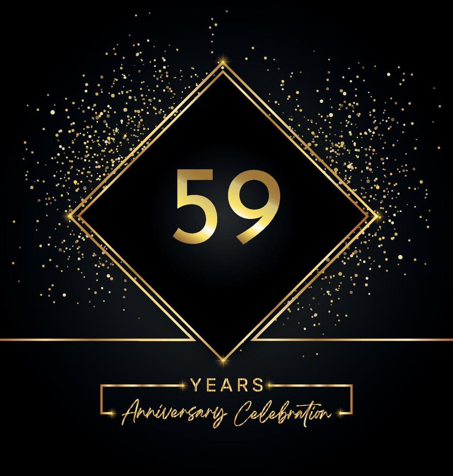 Celebración del aniversario de 59 años con marco dorado y brillo dorado sobre fondo negro. diseño vectorial para tarjetas de felicitación, fiesta de cumpleaños, boda, fiesta de eventos, invitación. Logotipo del aniversario de 59 años. vector