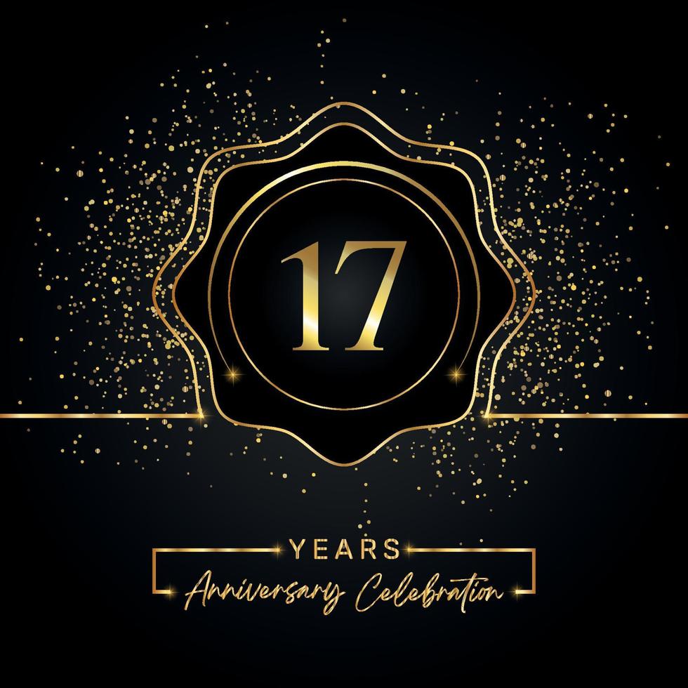 Celebración del aniversario de 17 años con marco de estrella dorada aislado en fondo negro. diseño vectorial para tarjeta de felicitación, fiesta de cumpleaños, boda, fiesta de evento, tarjeta de invitación. Logotipo de aniversario de 17 años. vector