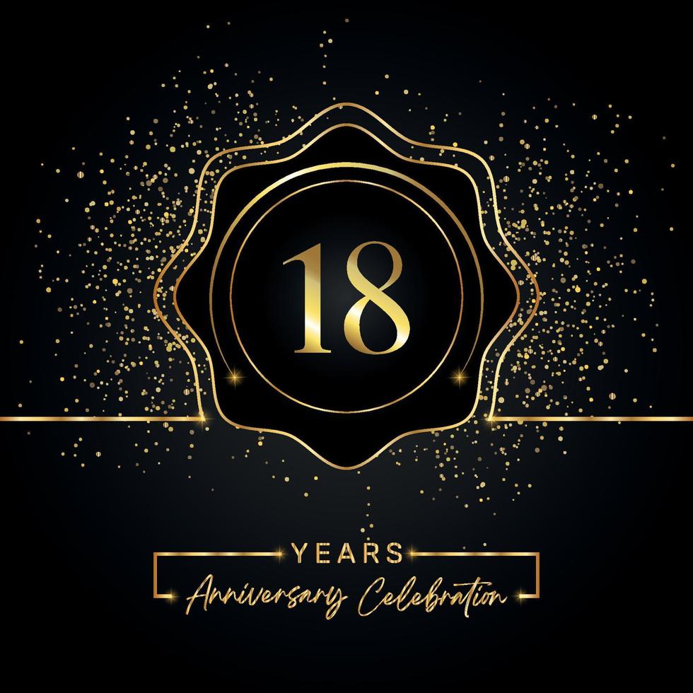 Celebración del aniversario de 18 años con marco de estrella dorada aislado en fondo negro. diseño vectorial para tarjeta de felicitación, fiesta de cumpleaños, boda, fiesta de evento, tarjeta de invitación. Logotipo de aniversario de 18 años. vector