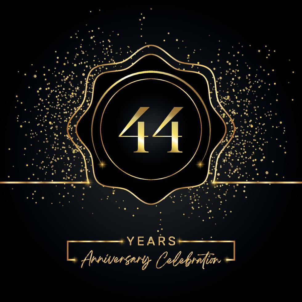 Celebración del aniversario de 44 años con marco de estrella dorada aislado en fondo negro. diseño vectorial para tarjeta de felicitación, fiesta de cumpleaños, boda, fiesta de evento, tarjeta de invitación. Logotipo de aniversario de 44 años. vector