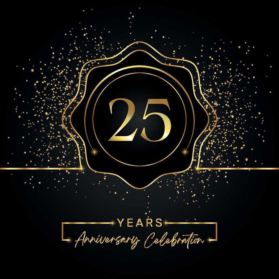 25 years anniversary celebration with golden star frame isolated on black background. Vector design for greeting card, birthday party, wedding, event party, invitation card. 25 years Anniversary logo.