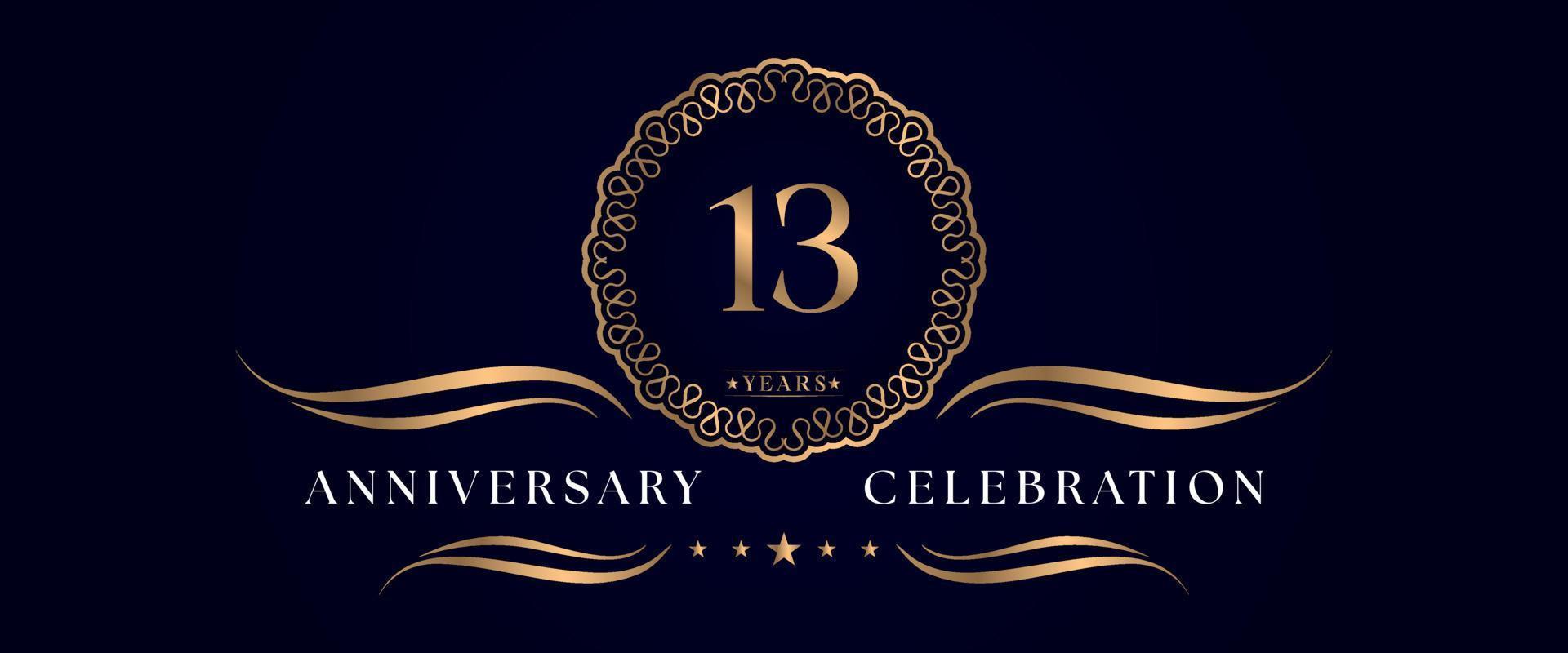 13 years anniversary celebration with elegant circle frame isolated on dark blue background. Vector design for greeting card, birthday party, wedding, event party, ceremony. 13 years Anniversary logo.