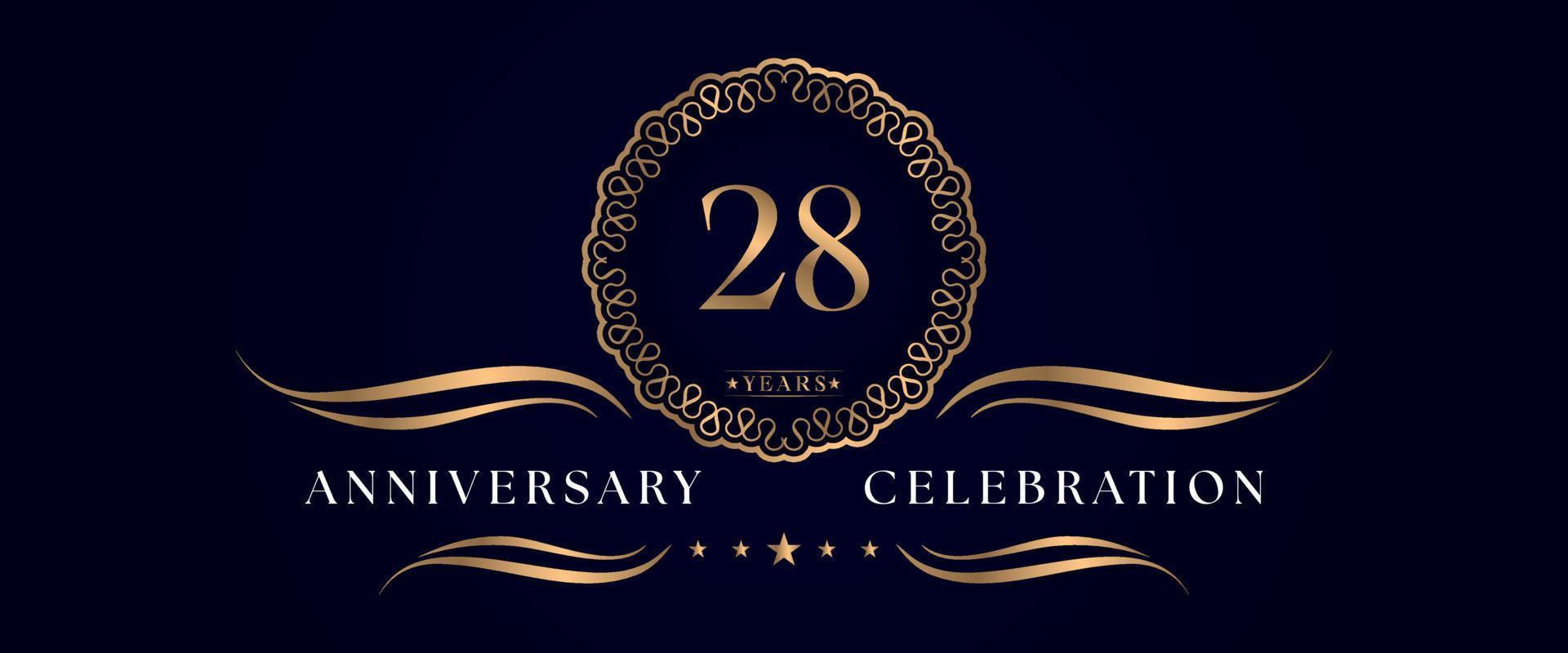 28 years anniversary celebration with elegant circle frame isolated on dark blue background. Vector design for greeting card, birthday party, wedding, event party, ceremony. 28 years Anniversary logo.