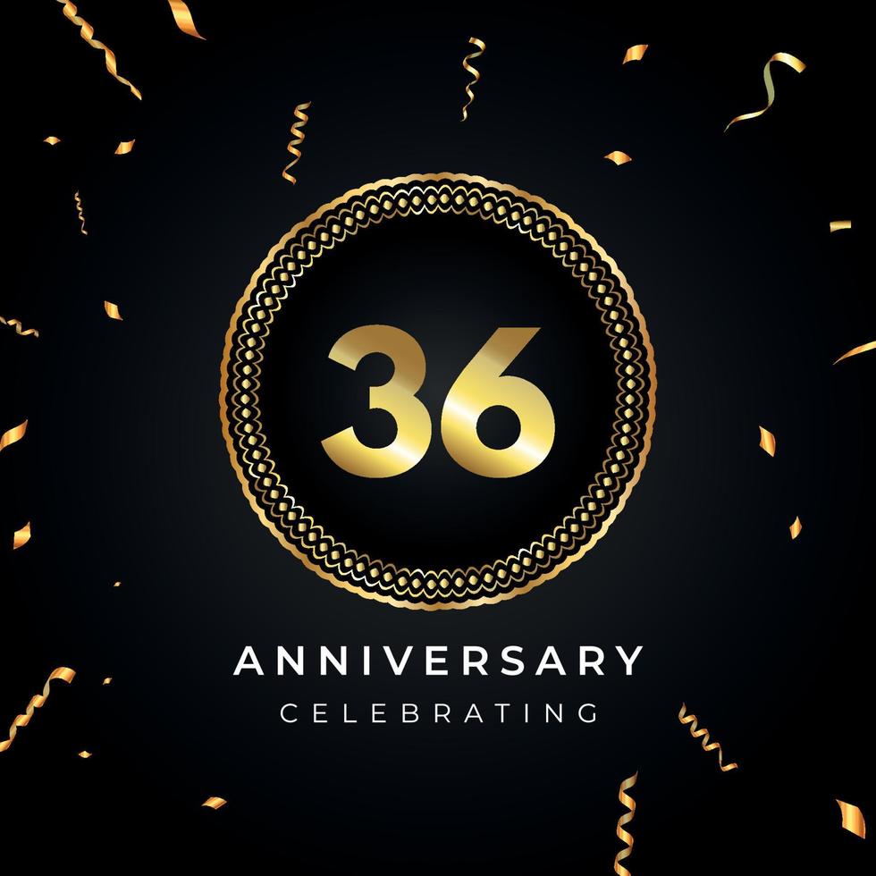36 years anniversary celebration with circle frame and gold confetti isolated on black background. Vector design for greeting card, birthday party, wedding, event party. 36 years Anniversary logo.