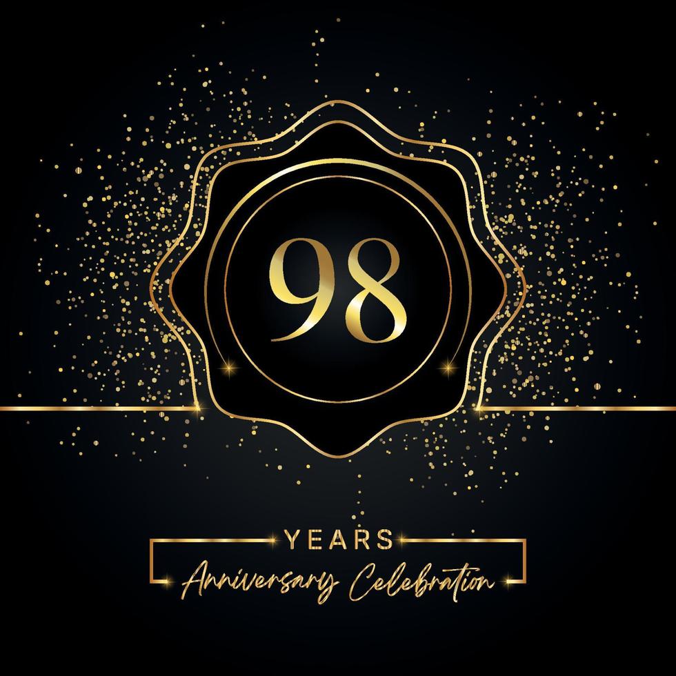 98 years anniversary celebration with golden star frame isolated on black background. Vector design for greeting card, birthday party, wedding, event party, invitation card. 98 years Anniversary logo.