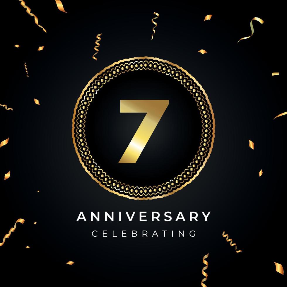 7 years anniversary celebration with circle frame and gold confetti isolated on black background. Vector design for greeting card, birthday party, wedding, event party. 7 years Anniversary logo.