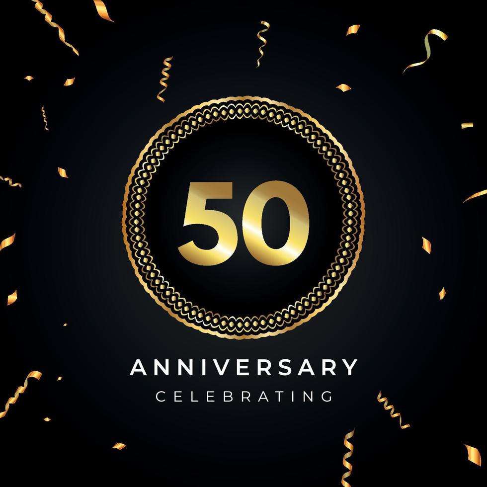 50 years anniversary celebration with circle frame and gold confetti isolated on black background. Vector design for greeting card, birthday party, wedding, event party. 50 years Anniversary logo.