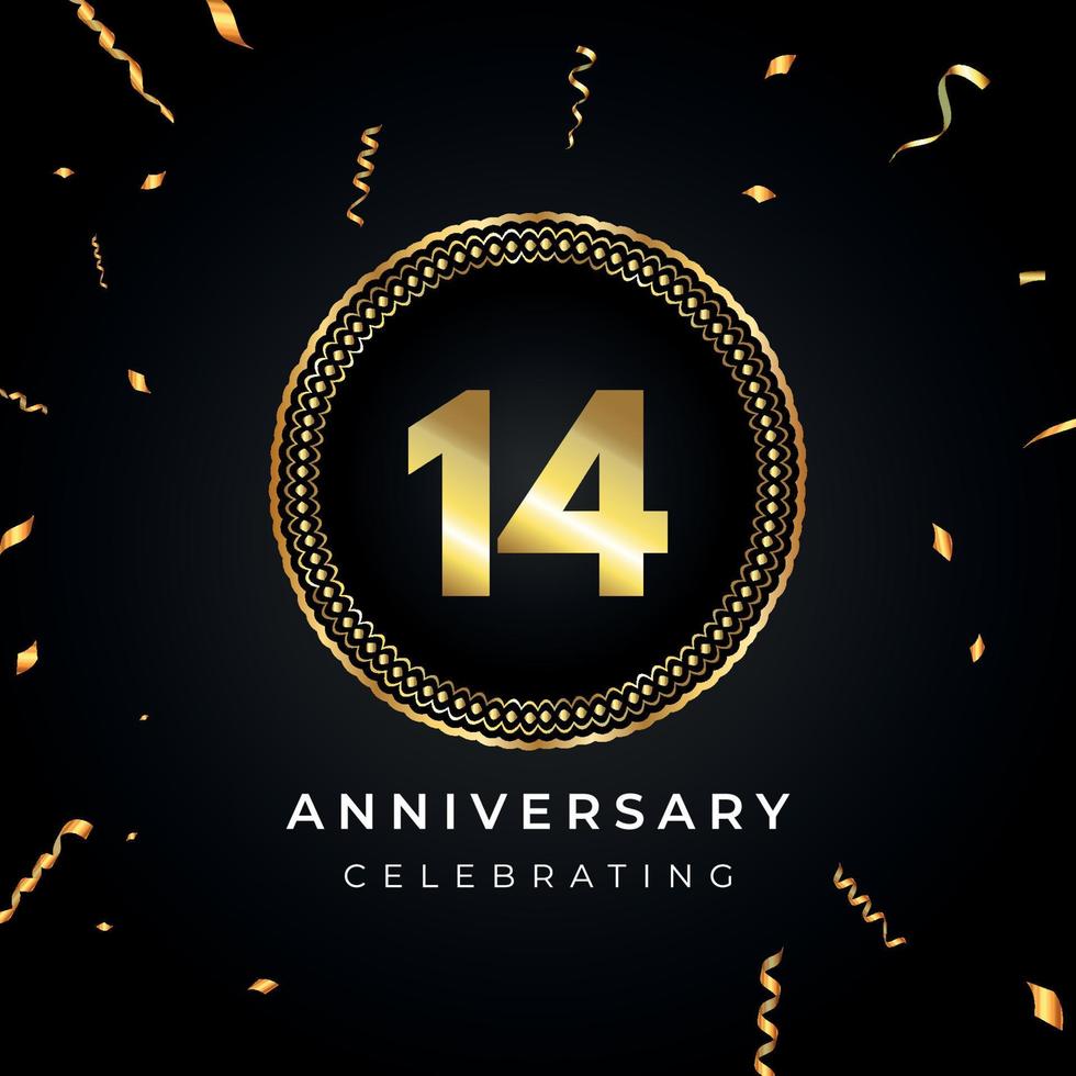 14 years anniversary celebration with circle frame and gold confetti isolated on black background. Vector design for greeting card, birthday party, wedding, event party. 14 years Anniversary logo.