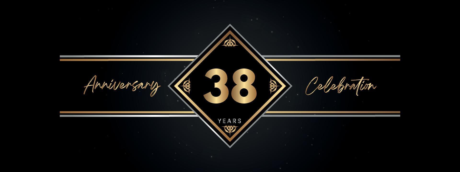 Color dorado de aniversario de 38 años con marco decorativo aislado en fondo negro para evento de celebración de aniversario, fiesta de cumpleaños, folleto, tarjeta de saludo. diseño de plantilla de aniversario de 38 años vector