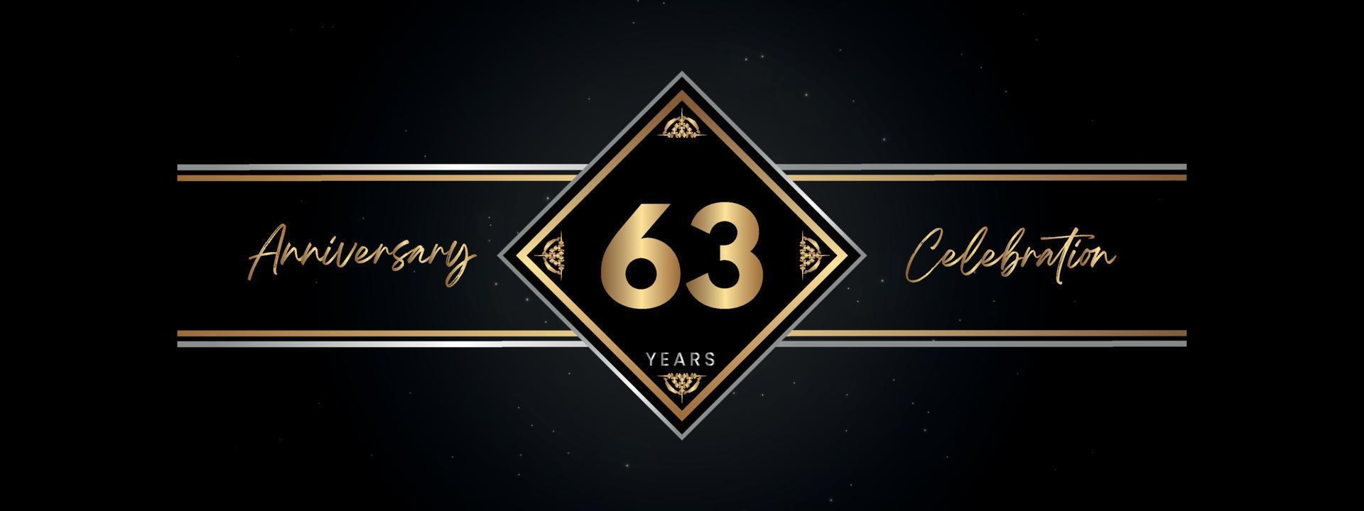 Color dorado de aniversario de 63 años con marco decorativo aislado en fondo negro para evento de celebración de aniversario, fiesta de cumpleaños, folleto, tarjeta de felicitación. diseño de plantilla de aniversario de 63 años vector