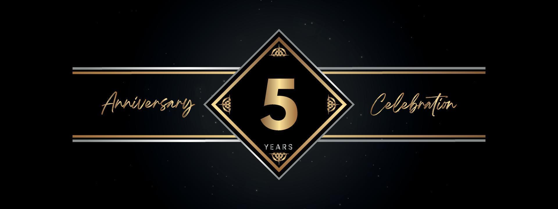 5 años de color dorado de aniversario con marco decorativo aislado en fondo negro para el evento de celebración de aniversario, fiesta de cumpleaños, folleto, tarjeta de felicitación. diseño de plantilla de aniversario de 5 años vector