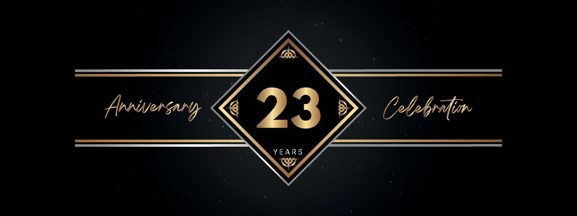 23 años de color dorado de aniversario con marco decorativo aislado en fondo negro para el evento de celebración de aniversario, fiesta de cumpleaños, folleto, tarjeta de felicitación. diseño de plantilla de aniversario de 23 años vector