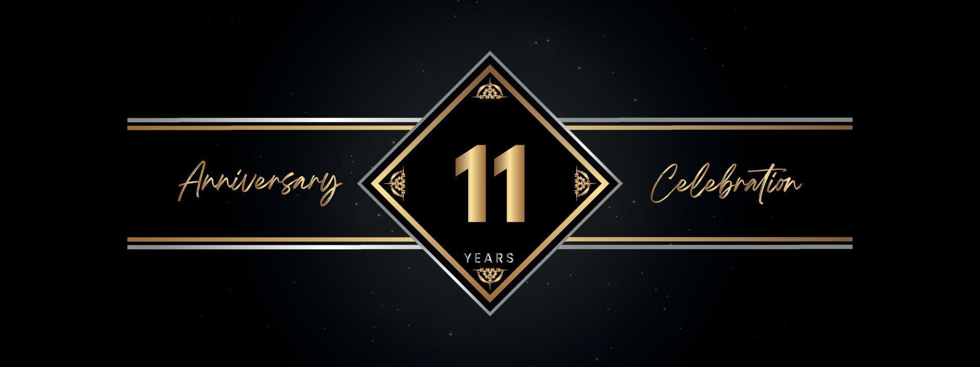 11 años de color dorado de aniversario con marco decorativo aislado en fondo negro para el evento de celebración de aniversario, fiesta de cumpleaños, folleto, tarjeta de felicitación. diseño de plantilla de aniversario de 11 años vector