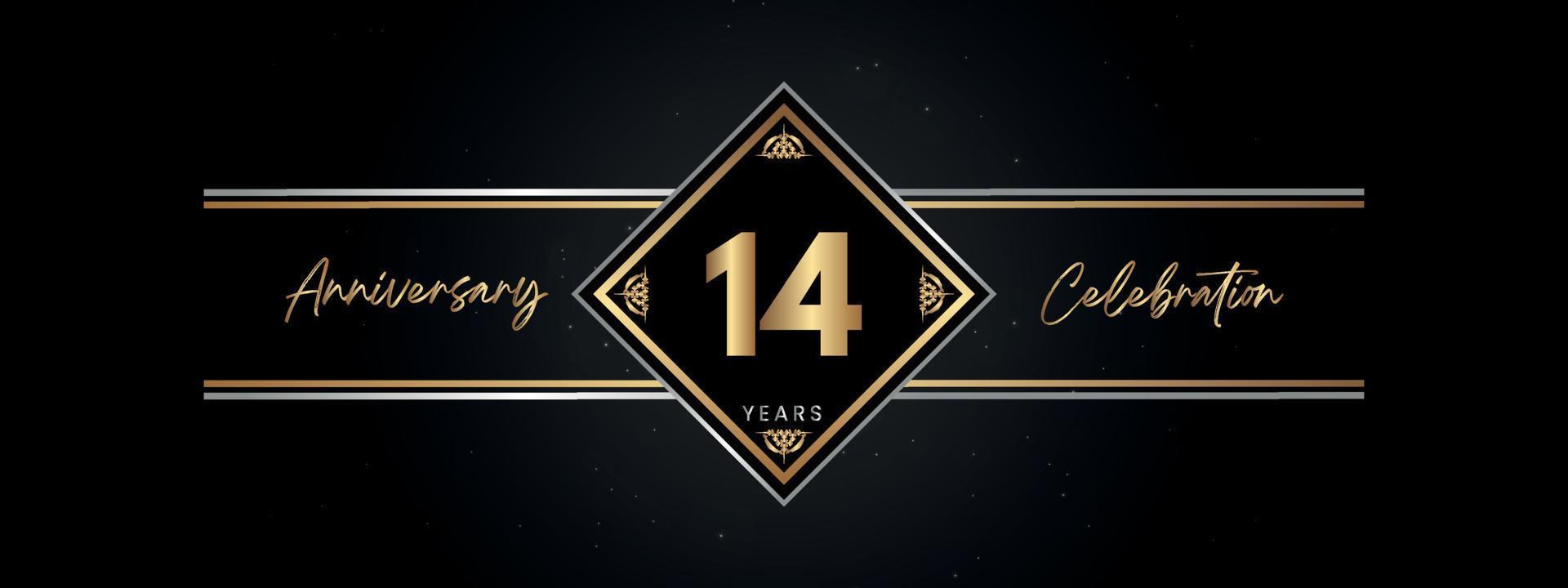 Color dorado de 14 años con marco decorativo aislado en fondo negro para el evento de celebración de aniversario, fiesta de cumpleaños, folleto, tarjeta de felicitación. diseño de plantilla de aniversario de 14 años vector